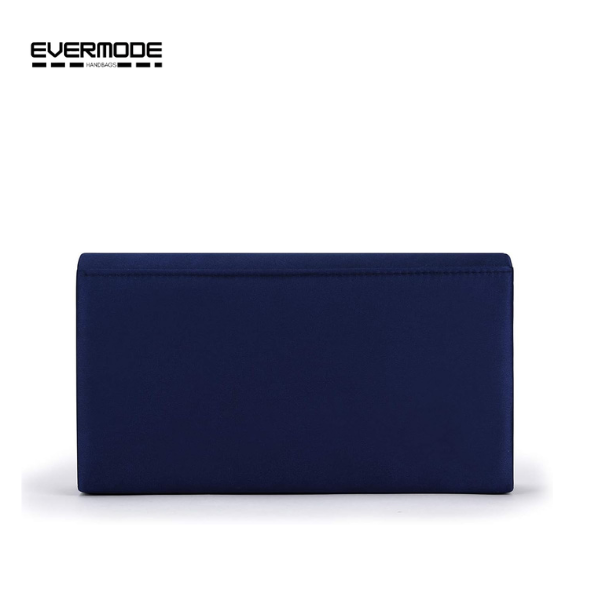 Evermode Women's Navy Satin Clutch Purse, Rhinestone Evening Bag with Silver Chain Strap