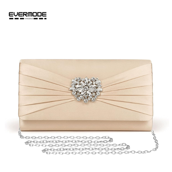 Evermode Women's Champagne Satin Clutch Purse, Rhinestone Evening Bag with Silver Chain Strap