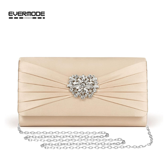 Evermode Women's Champagne Satin Clutch Purse, Rhinestone Evening Bag with Silver Chain Strap