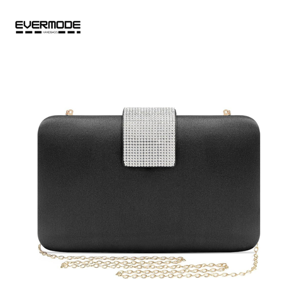 Evermode Women's Black Rhinestone Clutch Bag, Satin Evening Purse with Gold Chain Strap