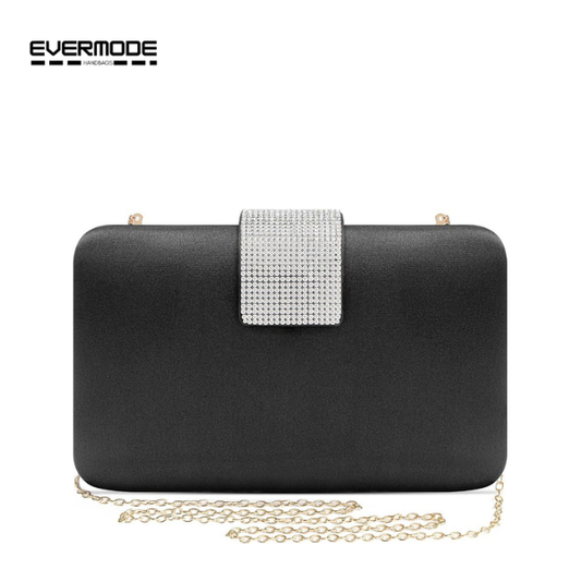 Evermode Women's Black Rhinestone Clutch Bag, Satin Evening Purse with Gold Chain Strap