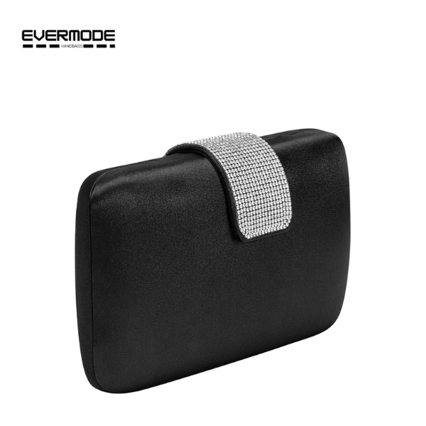 Evermode Women's Black Rhinestone Clutch Bag, Satin Evening Purse with Gold Chain Strap