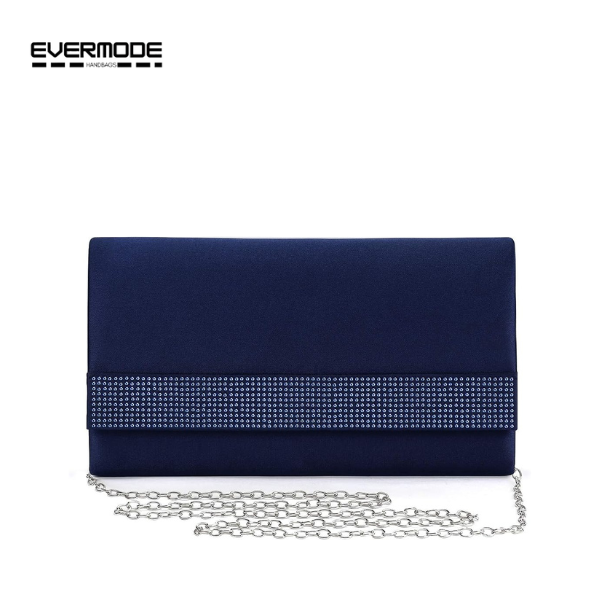 Evermode Women's Navy Satin Clutch Purse, Rhinestone Evening Bag with Silver Chain Strap