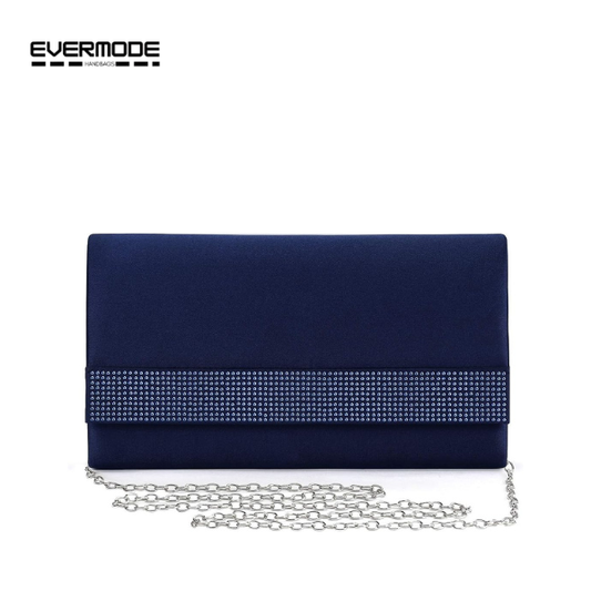 Evermode Women's Navy Satin Clutch Purse, Rhinestone Evening Bag with Silver Chain Strap
