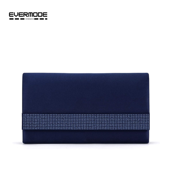 Evermode Women's Navy Satin Clutch Purse, Rhinestone Evening Bag with Silver Chain Strap