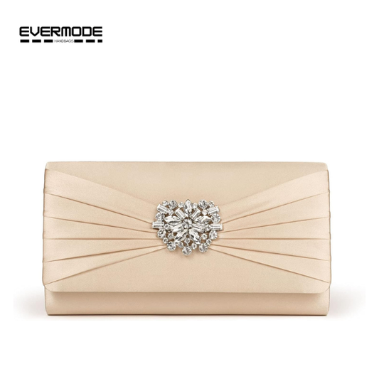 Evermode Women's Champagne Satin Clutch Purse, Rhinestone Evening Bag with Silver Chain Strap