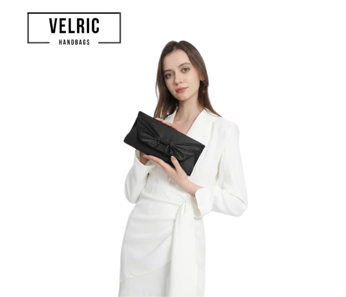 Velric Black Satin Clutch Bag with Bow Detail – Elegant Evening Handbag for Women - Image 2